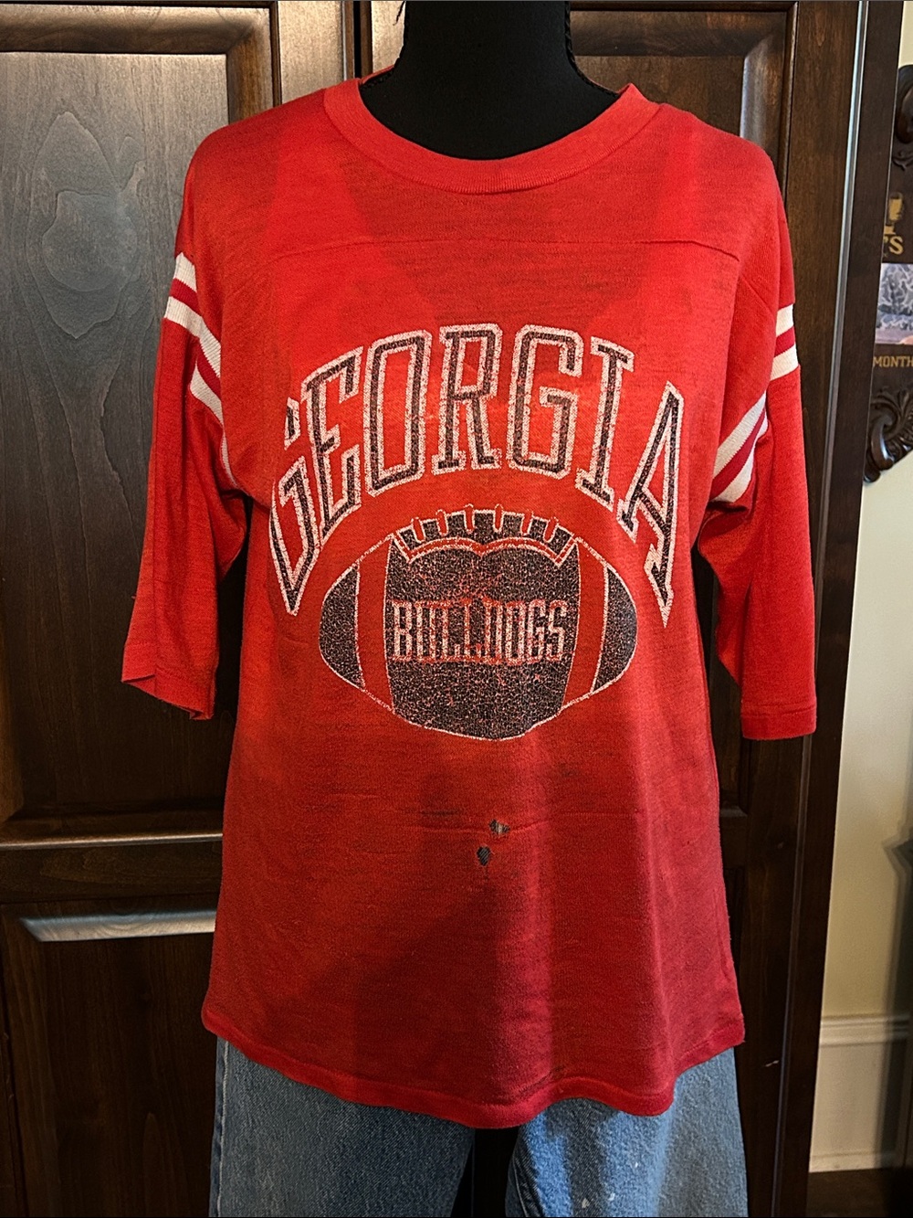 1970’s Georgia Bulldogs Red 3/4 Sleeve Raglan Tee with White Sleeve Stripes